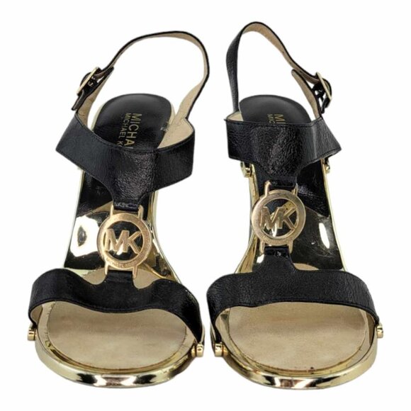 MICHAEL KORS MK LEATHER BLACK - GOLD FULTON T STRAP BLOCK HEELS - Picture 4 of 10